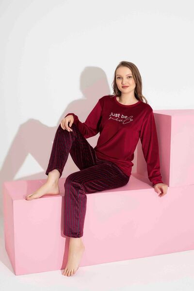 Tarık Women's Stripe Pattern Long Sleeve French Velvet Fabric Winter Warm Pajama Set