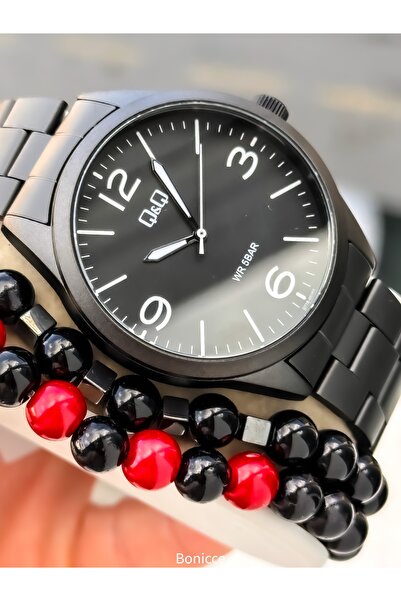 Q&Q Men's Wristwatch, Matte Black Steel Band, 5 Atm Water Resistant, with Bracelet Gift