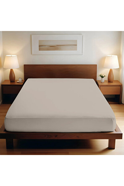 TEOHOMELİNENS 190 Gsm, 95% Cotton 5% Elastane Single Jersey Elastic Fitted Sheet Double Size 160-180X200 cm - Beige