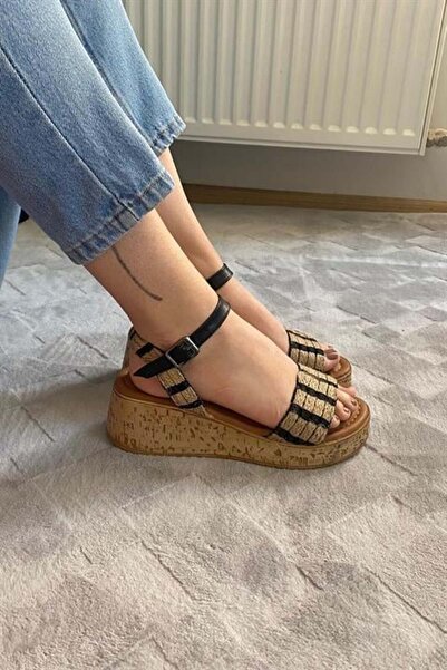 Les Passent Women's Black Straw Detail Thick Cork Sole Orthopedic Sandals K-230