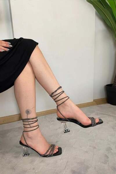 Les Passent Women's Black Patent Leather Stone Ankle Strap Transparent Heeled Shoes