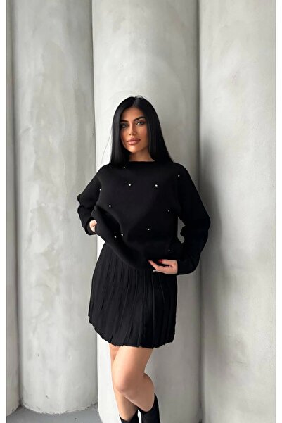 Lusin Women's Black Pearl Stone Embroidered Sweater Skirt Bottom Top Two-Piece Knitwear Set