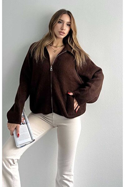 yeditepe fashion كارديجان تريكو كبير الحجم بسحاب باللون البني