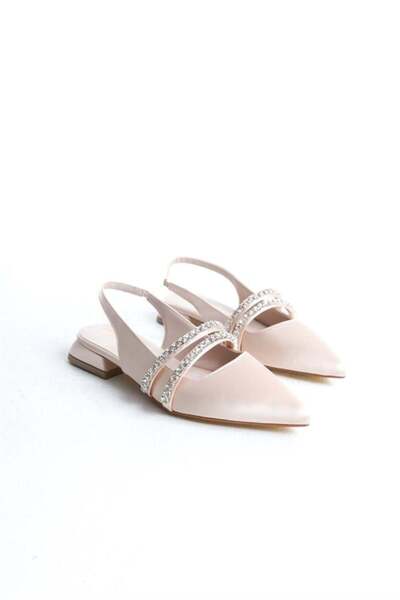 Les Passent Women's Cream Satin Two Rows of Stones Open Back 2 cm Heeled Pointed Toe Ballerinas