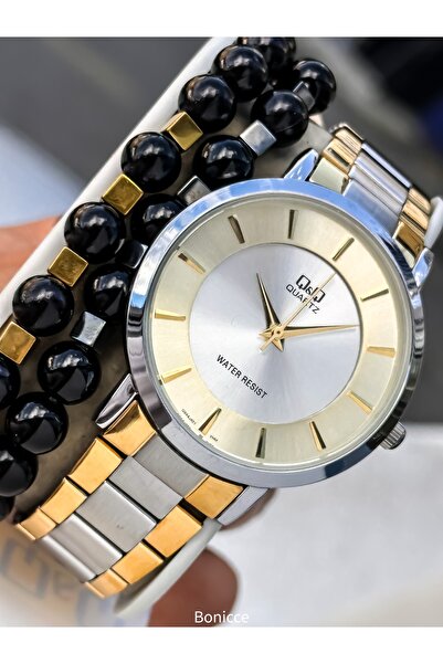 Q&Q Men's Wristwatch, Yellow Silver Steel Band, 5 Atm Water Resistant, with Bracelet Gift