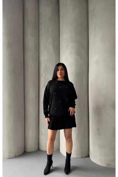 Lusin Women's Black Pearl Stone Embroidered Sweater Skirt Bottom Top Two-Piece Knitwear Set
