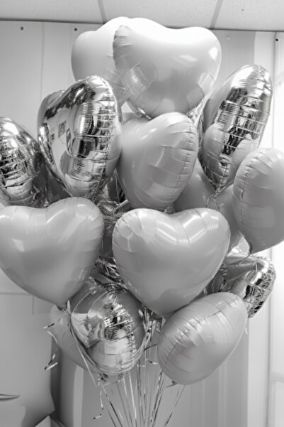 Baloncu Nene Gümüş ve Beyaz Kalpli Folyo Balon Helyum 10 Adet Kalp Sevgili Sü...
