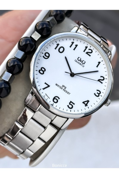 Q&Q Men's Digital Watch, Silver Steel Band, 5 Atm Water Resistant, with Bracelet Gift