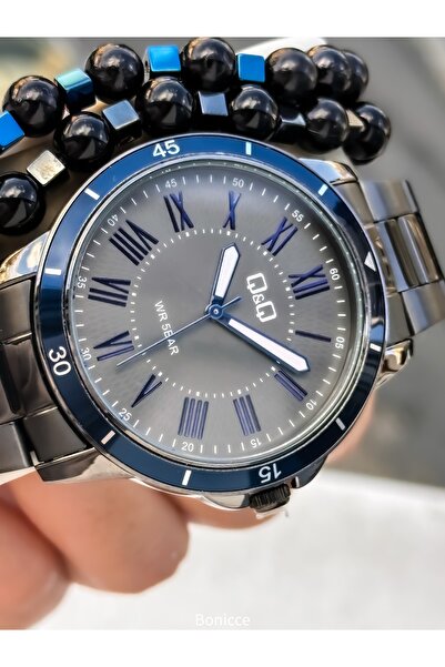 Q&Q Men's Wristwatch, Smoked Navy Blue Steel Band, 5 Atm Water Resistant, Gift Bracelet
