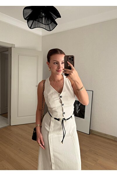BAŞARAN Buttoned Vest and Belted Midi Skirt.