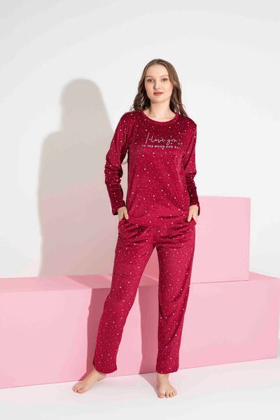 Tarık Women's Star Patterned Long Sleeve French Velvet Fabric Winter Warm Pajamas Set