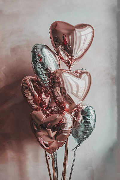 Baloncu Nene Rose Gold Gümüş Helyum Uyumlu 10 Adet Kalp Sevgili Süpriz Süslem...