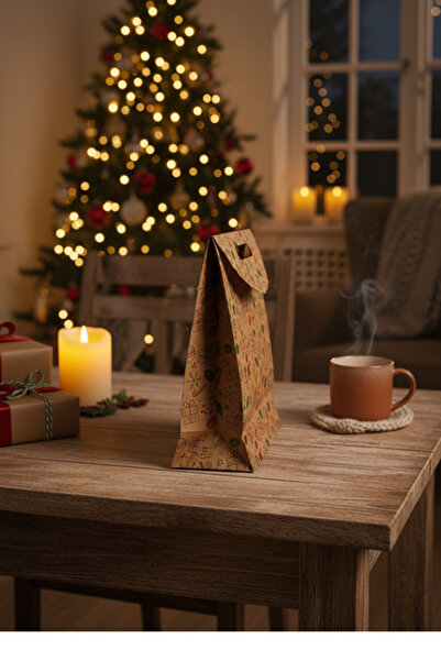 OLİ Art El Geçme Kraft Çanta – Yılbaşı Desenli, 1 Adet 25x32x8 cm, Yılbaşı Poşet, Hediyelik Çanta