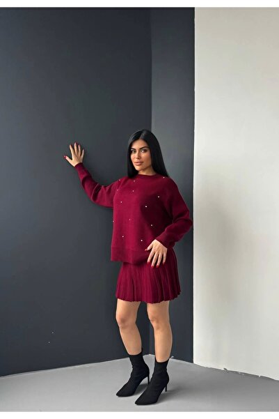 Lusin Women's Burgundy Pearl Stone Embroidered Sweater Skirt Bottom Top Two-Piece Knitwear Set