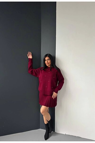 Lusin Women's Burgundy Pearl Stone Embroidered Sweater Skirt Bottom Top Two-Piece Knitwear Set