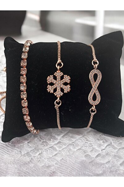 Merand مجموعة أساور من الذهب الوردي مع ثلاثة أحجار – نموذج ندفة الثلج والاندم...