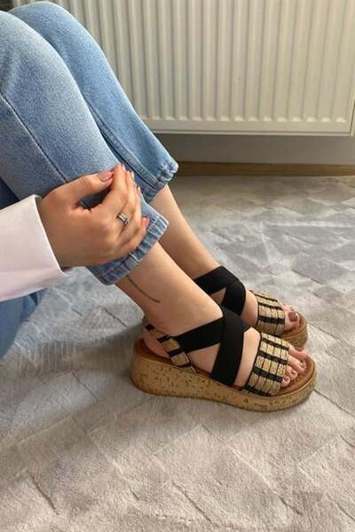 Les Passent Women's Black Straw Detailed Elastic Thick Cork Sole Orthopedic Sandals K-220