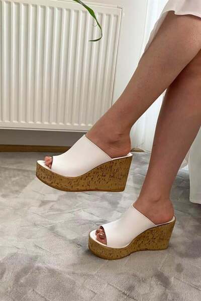 Les Passent Women's Holi White 10 cm Tolga Cork Sole Slippers K-920