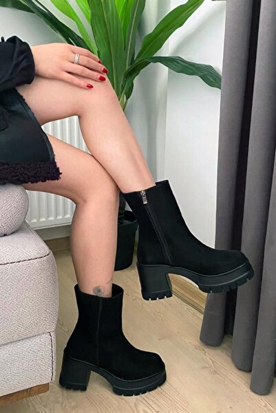 Les Passent Kadın Pita Siyah Süet ( 8 cm ) Platfom Topuklu Fermuarlı Bot
