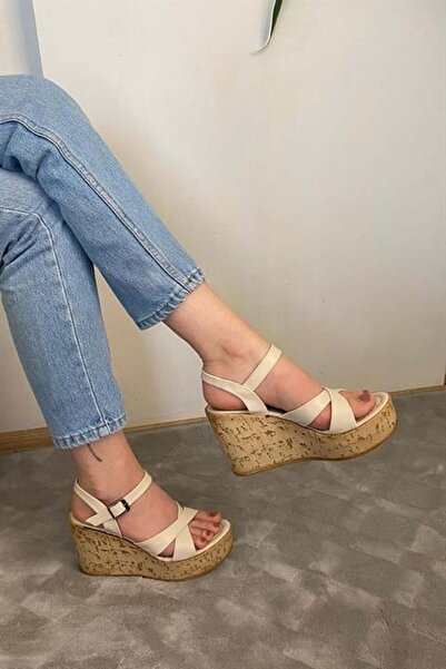 Les Passent Women's Beige Leather Cross Strap High Wedge Cork Sole Shoes & Sandals K-900