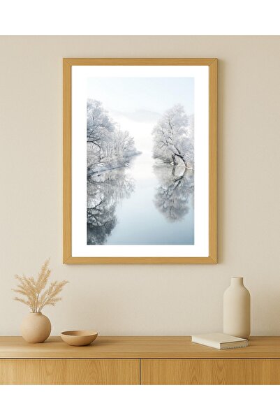 KAYABEY HOME Modern Design Frame-Looking Mdf Painting Snow Lake Forest Winter Ice