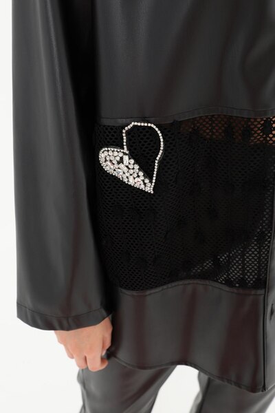 Soul Дамска блуза от изкуствена кожа с мрежа и детайл от камък във формата на сърце 31971
