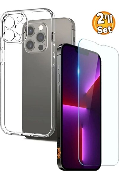 iPhone 13 Pro uyumlu Şeffaf Kılıf + Cam Ekran Koruyucu Seti