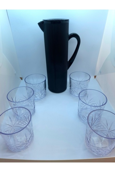 Mustran Acrylic Decanter 1.5 L Glass-Looking Bedside + Set of 6 Transparent Patterned Whiskey Glasses