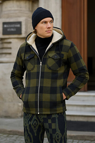 DAMGA JEANS Men's Oversize Plush Fur Hooded Lumberjack Jacket