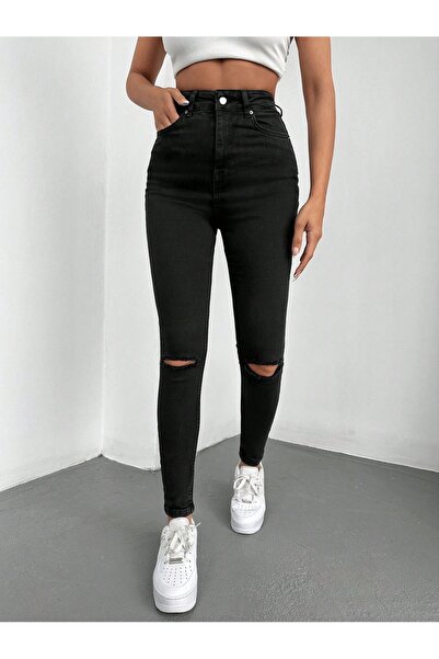 EmWay'S DENİM KADIN YÜKSEK BEL SKİNNY DİZ YIRTIK DETAYLI SİYAH LİKRALI PANTOLON