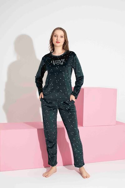 Tarık Women's Heart Patterned Long Sleeve French Velvet Fabric Winter Warm Pajamas Set