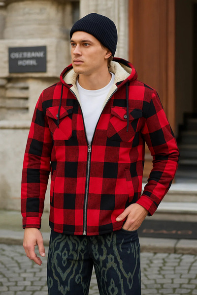 DAMGA JEANS Men's Oversize Plush Fur Hooded Lumberjack Jacket