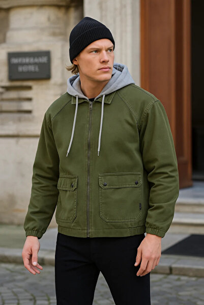 DAMGA JEANS Men's Zippered Basic Khaki Hooded Denim Jacket