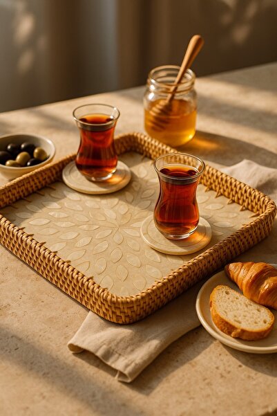 oceanpoint Embroidered Square Rattan Serving Tray, Handmade, Cream Leaf Pattern, 28 cm