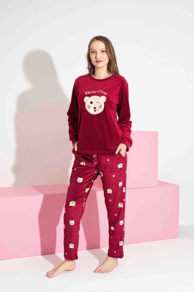 Tarık Women's Teddy Bear Patterned Long Sleeve French Velvet Fabric Winter Warm Pajama Set