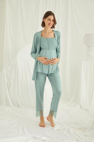 MONAMİSE Women'S, Lace Front Buttoned Maternity/Maternity Pajama Set with Breastfeeding Feature, Light Green 3-Piece Pajama Set