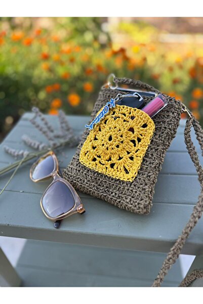 Patiska Tasarım Handmade Knitted Phone Bag – Small Size Straw-Looking Shoulde...