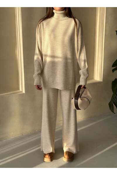 My Blog Stone Ribbed Turtleneck Knitwear Set - 4671
