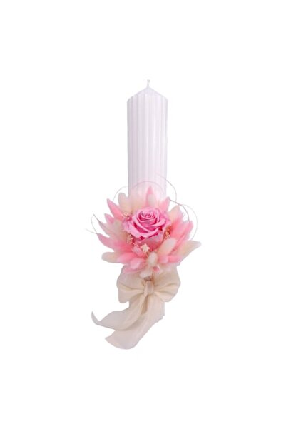 OEM Lumânare de botez decorată cu trandafir criogenat și Lagurus, H35/D6 cm, Alb