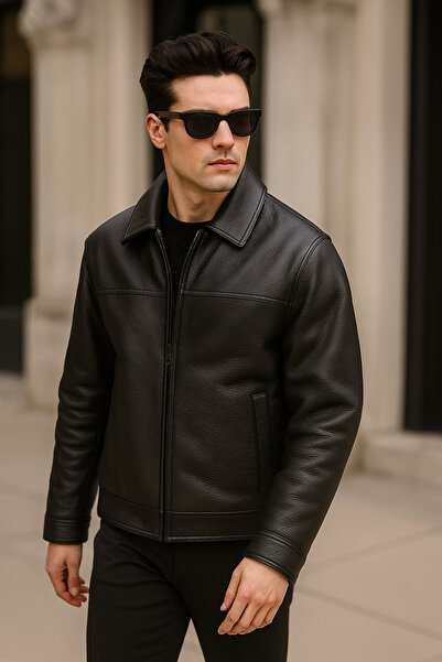 MACSYLEN Oversized Men's Black Leather Jacket