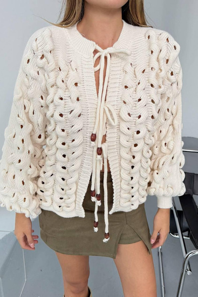 thesunfyre KADIN Uzun Kollu Kablo Örgü Hollow-Out Günlük Baglamalı Hırka