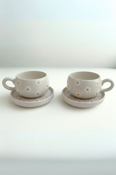 Home El Yapımı Beren Papatya Desenli Tabaklı Kupa 2'li Seti Mug – Kahve ve Çay Seti