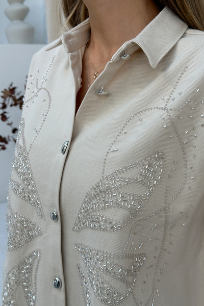 MİA NOURA Women's Front Beaded Gabardine Shirt and Pants Set