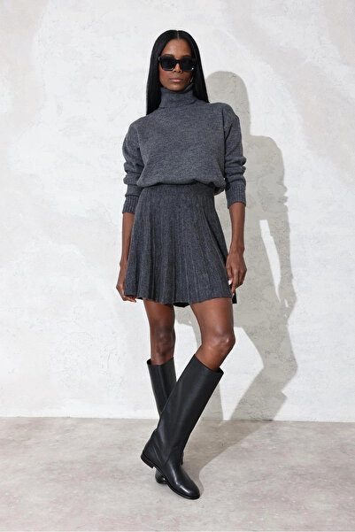 My Blog Anthracite Tight Pleated Hem Turtleneck Sweater Set - 7777