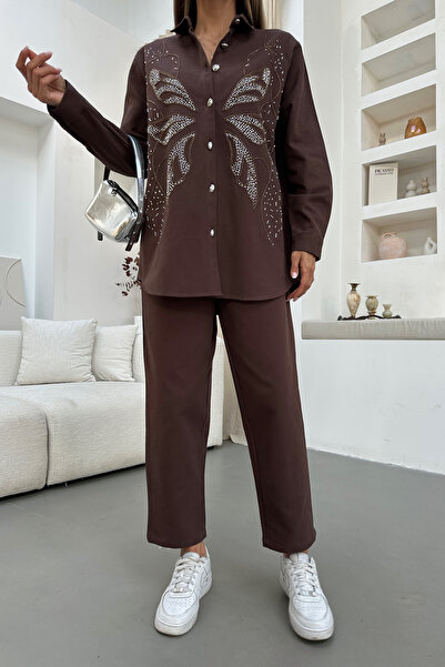 MİA NOURA Women's Front Beaded Gabardine Shirt and Pants Set