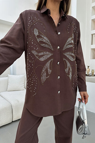 MİA NOURA Women's Front Beaded Gabardine Shirt and Pants Set