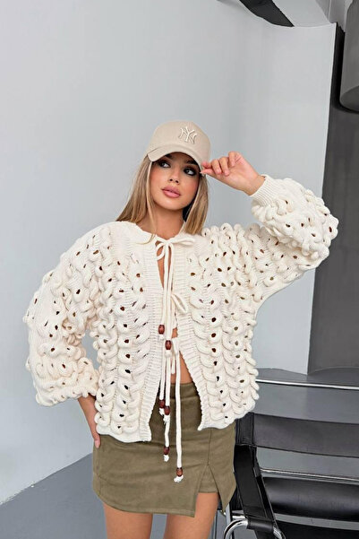 thesunfyre KADIN Uzun Kollu Kablo Örgü Hollow-Out Günlük Baglamalı Hırka