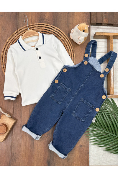 Bolly Baby Salopet Lycra Denim Polo Neck Sweatshirt Buttoned Salopet Baby Boy Set