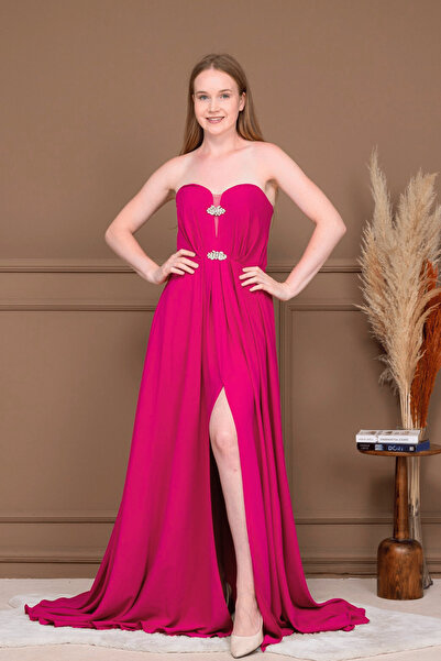 BEYBOS Rochie de seară fără bretele din țesătură șifon - FUCHIA