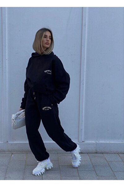 Elvino Sport Luxe Printed Oversize Γυναικεία/Ανδρική Σετ Φόρμας Unisex Χειμερινής Φόρμας 3 Νήματα Γκρι-Μαύρο